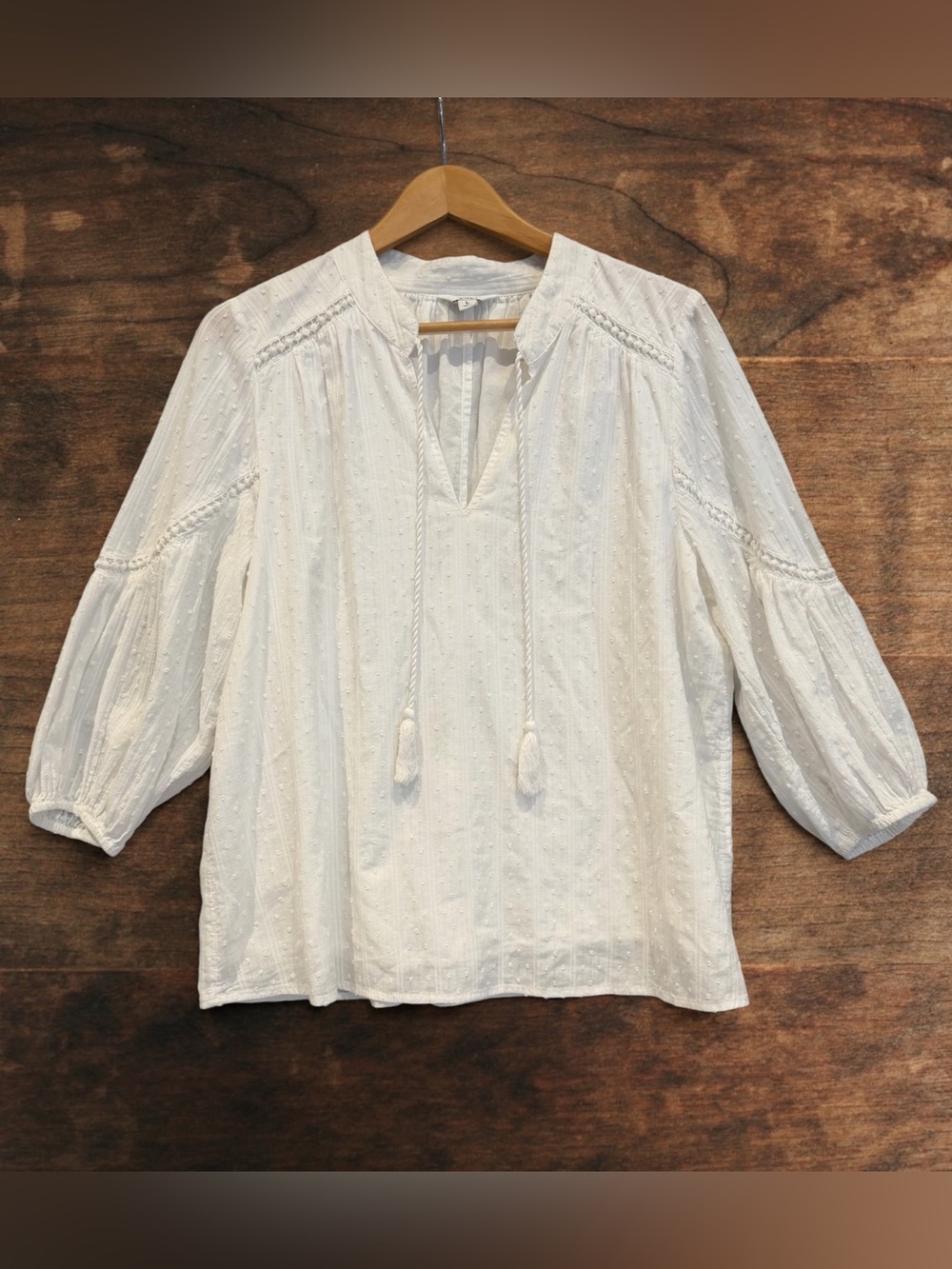 Crown & Ivy White Cotton Swiss Dot Peasant Blouse L Boho Cottagecore